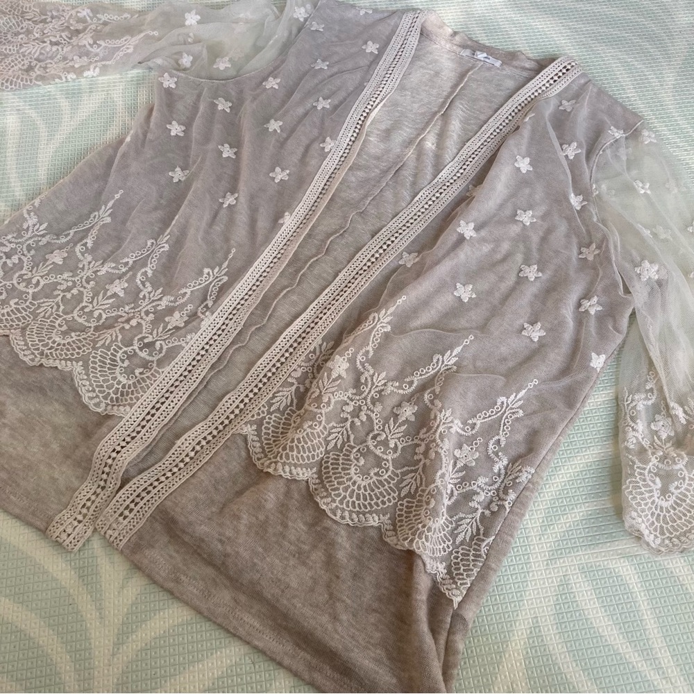 Maurices Tan Cream Embroidered Overlay Lace Cardigan Sweater Lace Sleeves